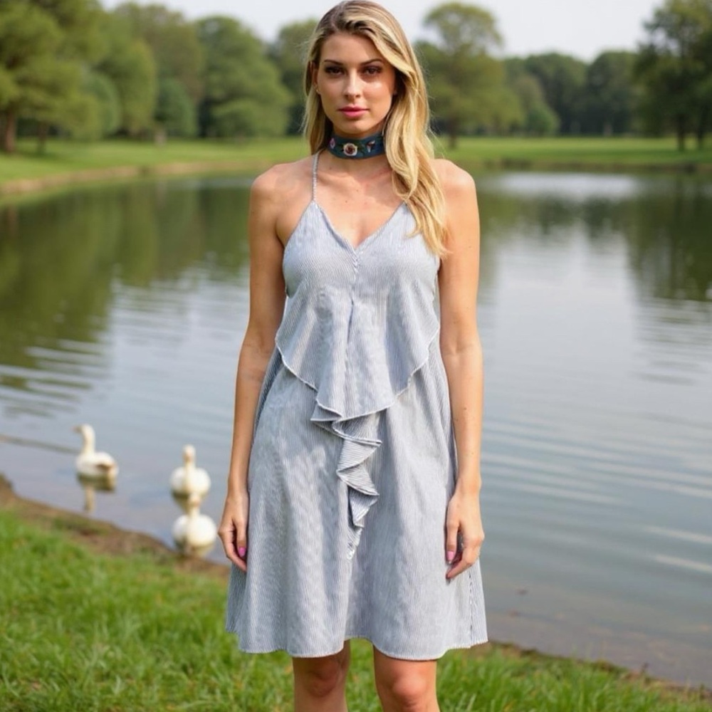 Striped Blue & White Racer Ruffle Mini Dress